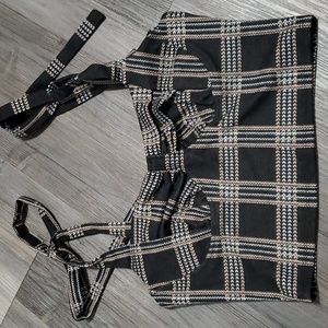 New! Rabbit Rose Tie Straps Tank Crop Top Black Plaid Size Large